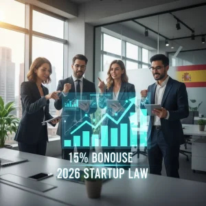 Emprendedores celebrando nuevas bonificaciones fiscales del 15% de la Ley de Startups 2026 en España