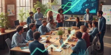 Emprendedores trabajando juntos en un espacio moderno, simbolizando ayudas estatales y crecimiento empresarial en España.