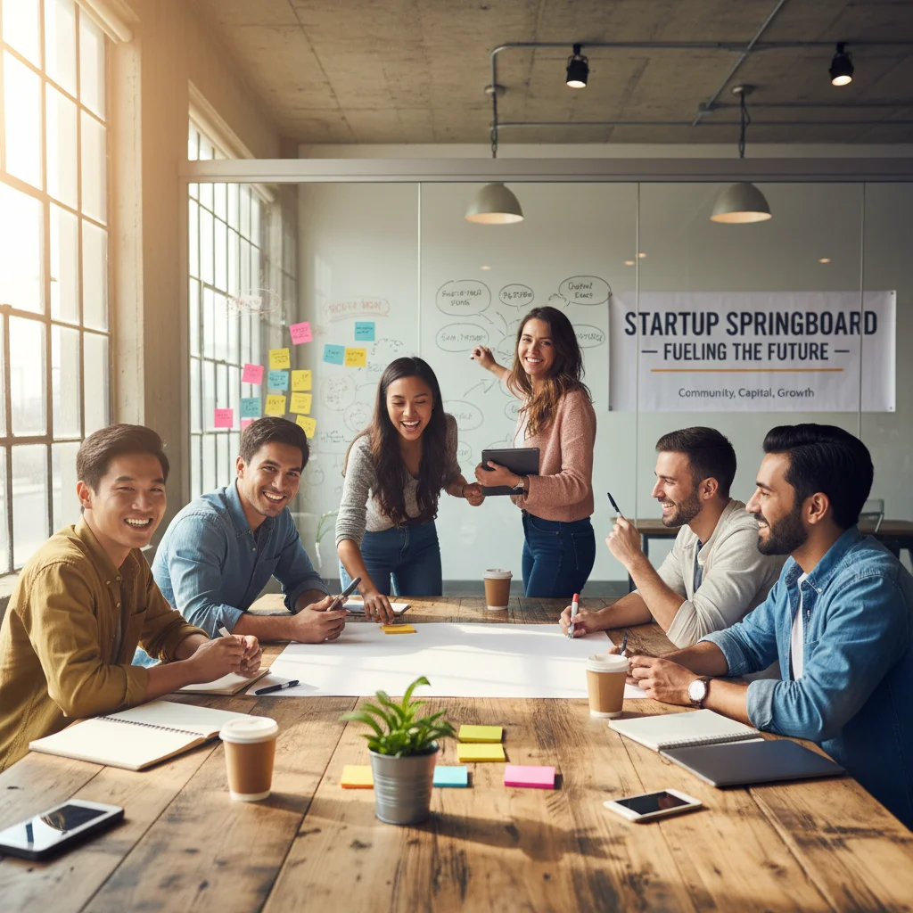 Grupo diverso de emprendedores colaborando y generando ideas en una oficina creativa.