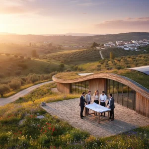 Emprendedores rurales colaborando en un entorno natural vibrante de España, simbolizando el éxito de las ayudas al emprendimiento.