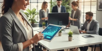 Mujer empresaria sonriente revisando datos de digitalización en una tablet, con su equipo de 5 empleados trabajando en un entorno moderno que simboliza la digitalización de pymes.