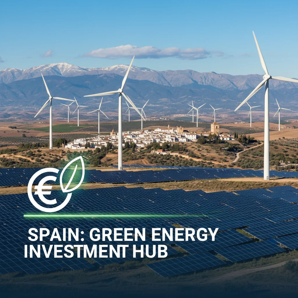 Parque eólico y paneles solares en un paisaje español, ilustrando la inversión en energías renovables.