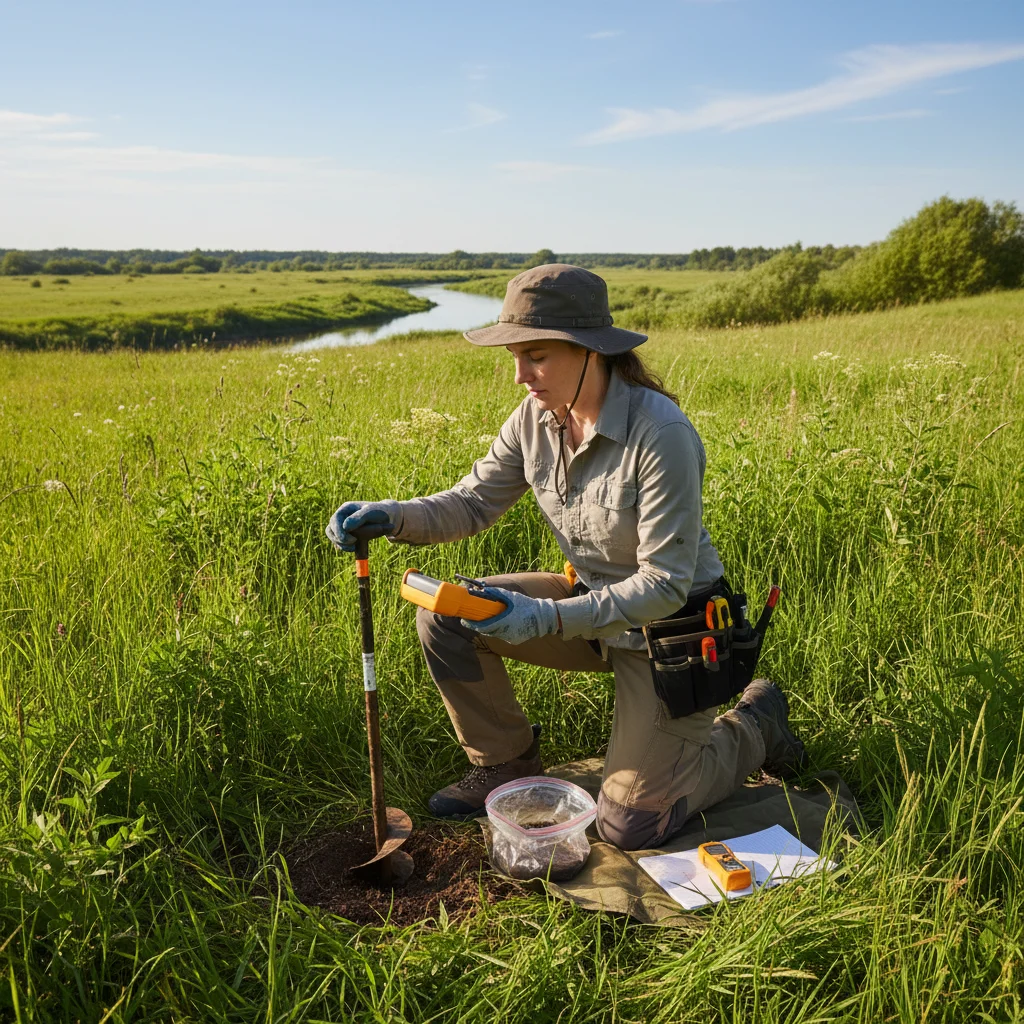 Female environmental scientist collecting soil samples in a green field.