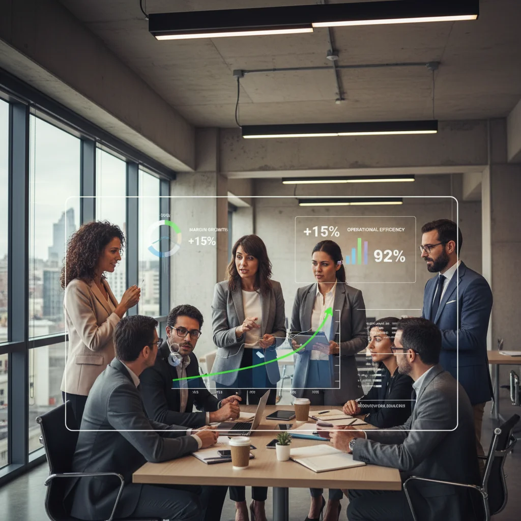 Equipo de líderes empresariales y científicos de datos analizando un panel de control con indicadores clave de rendimiento para aumentar márgenes.