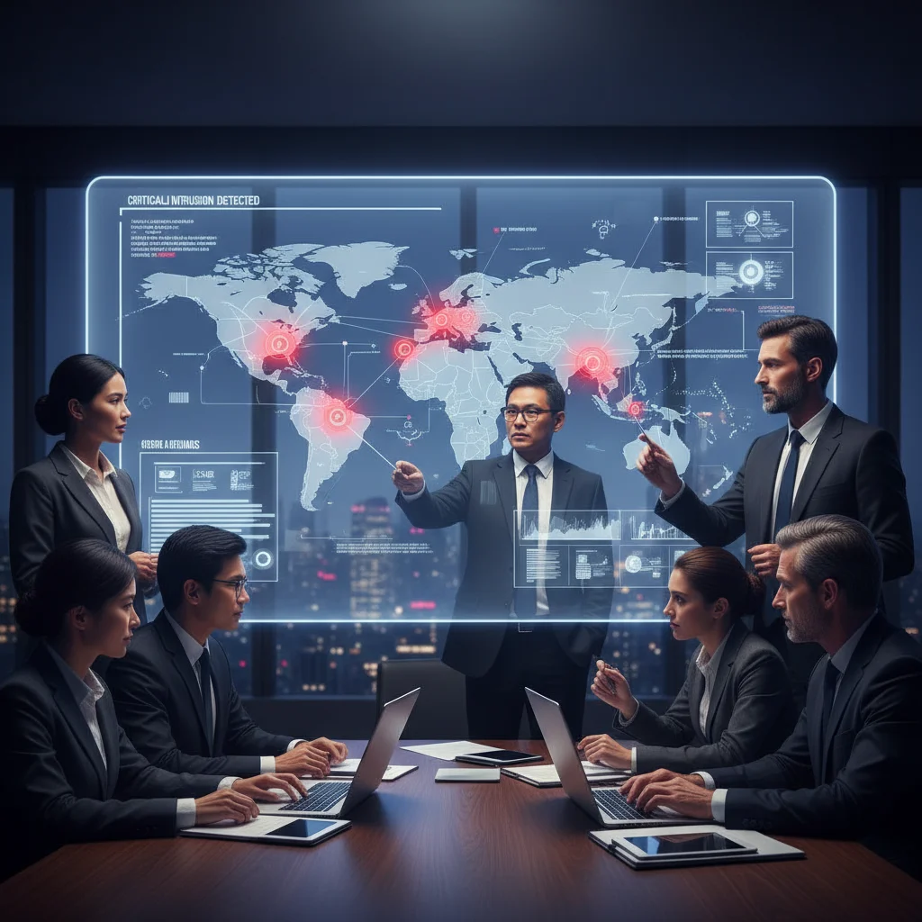 Equipo de profesionales analizando mapa de amenazas cibernéticas