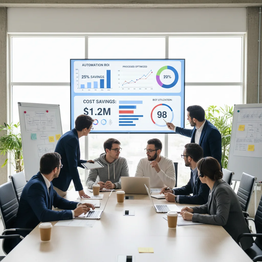 Equipo multidisciplinario analizando un panel de control de RPA con métricas de rendimiento y ahorros en tiempo real.