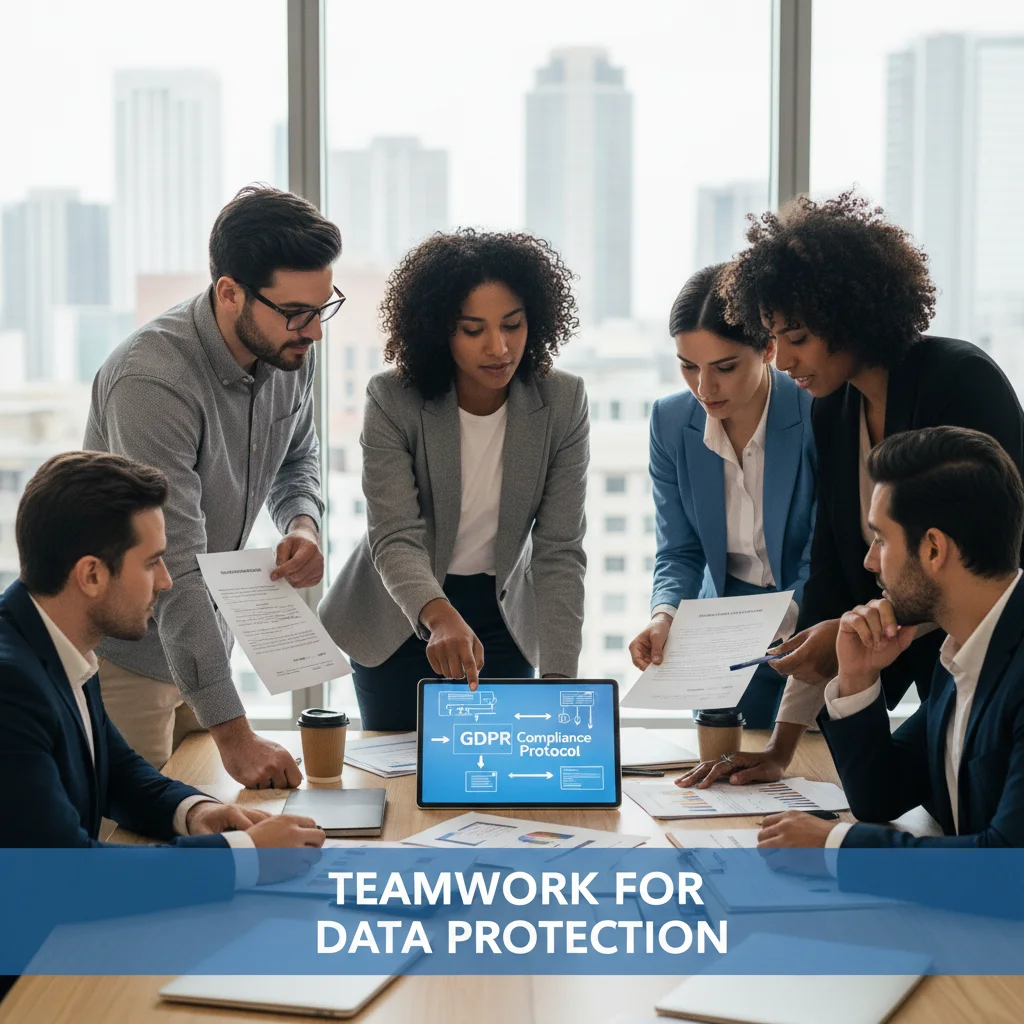 Equipo de profesionales analizando documentos de cumplimiento y estrategias de protección de datos en una oficina moderna.