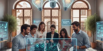 Equipo de profesionales españoles colaborando en el desarrollo de un producto innovador en un entorno tecnológico moderno.