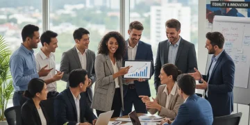 Oficina moderna con equipo diverso colaborando en estrategia de igualdad.
