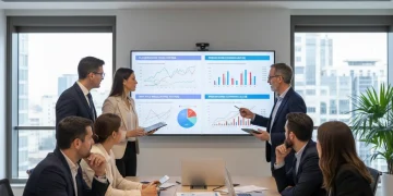 Equipo de profesionales analizando datos financieros y proyecciones fiscales en una oficina moderna, preparándose para la planificación fiscal de 2026.