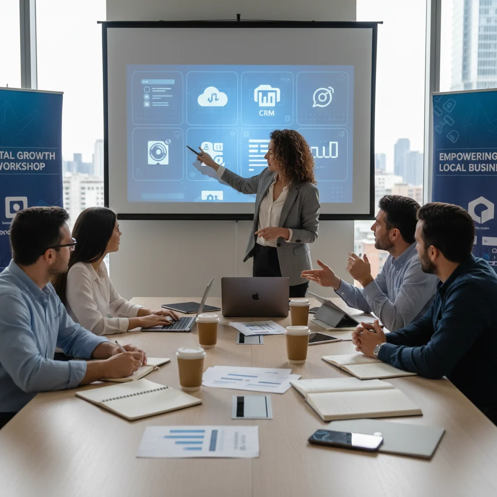 Equipo de 5 empleados de pyme participando activamente en un taller sobre nuevas herramientas digitales, mostrando compromiso con la transformación tecnológica.