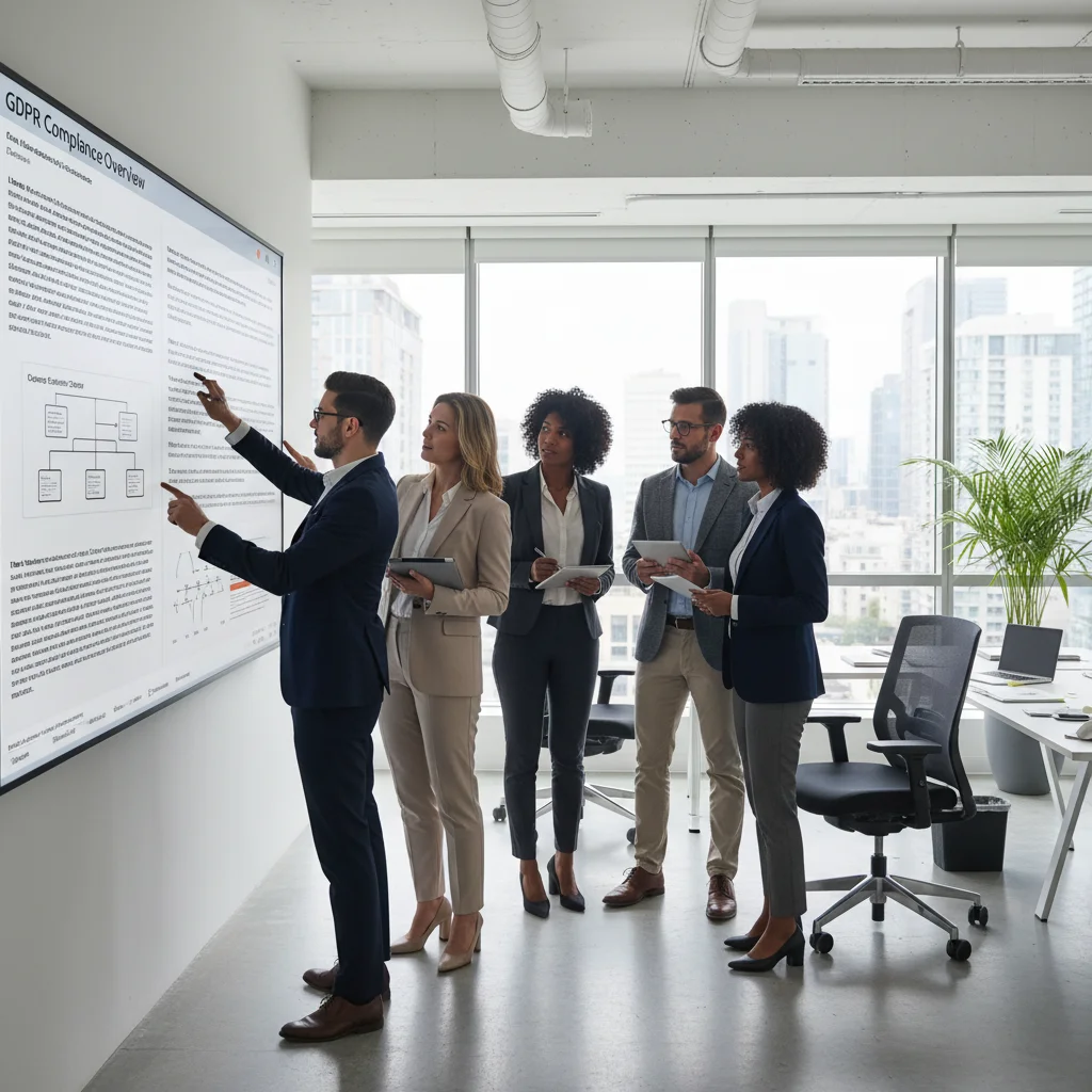 Equipo de trabajo revisando documentos digitales, adaptándose a nuevas normativas de facturación electrónica.