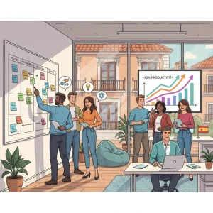 Equipo de trabajo colaborando en un entorno ágil, con gráficos de productividad en ascenso, representando el éxito de la metodología ágil en empresas españolas.