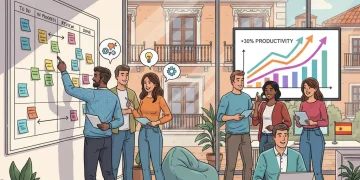 Equipo de trabajo colaborando en un entorno ágil, con gráficos de productividad en ascenso, representando el éxito de la metodología ágil en empresas españolas.