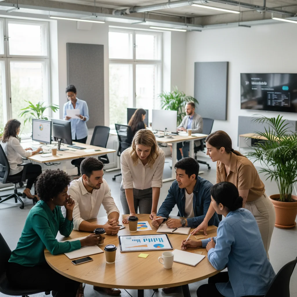 Equipo de trabajo colaborando en una oficina moderna