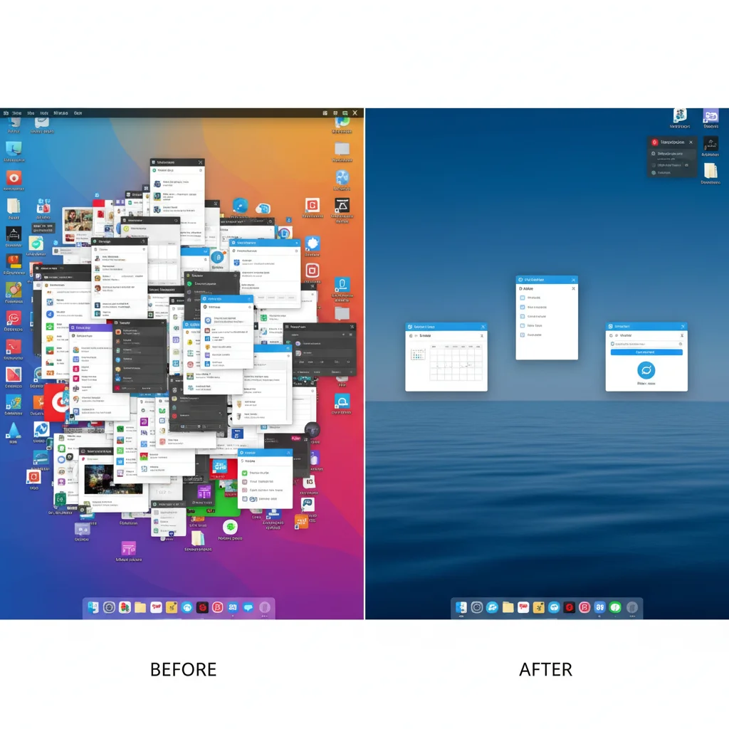 Comparación visual de un escritorio digital desordenado versus uno organizado y optimizado para la concentración.