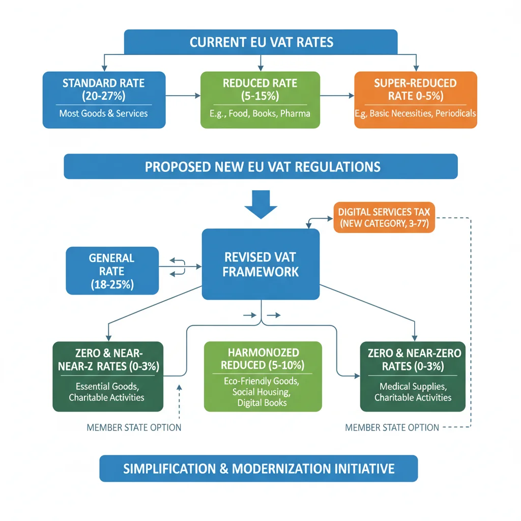 Diagrama de flujo de tipos de IVA en España, mostrando las categorías actuales y posibles modificaciones futuras.