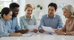 Multi-generational family reviewing estate plan documents, symbolizing wealth preservation.