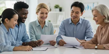 Multi-generational family reviewing estate plan documents, symbolizing wealth preservation.