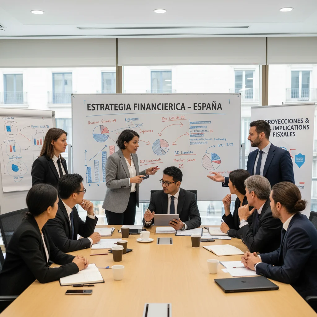 Grupo de profesionales discutiendo proyecciones financieras y estrategia fiscal en una sala de reuniones.