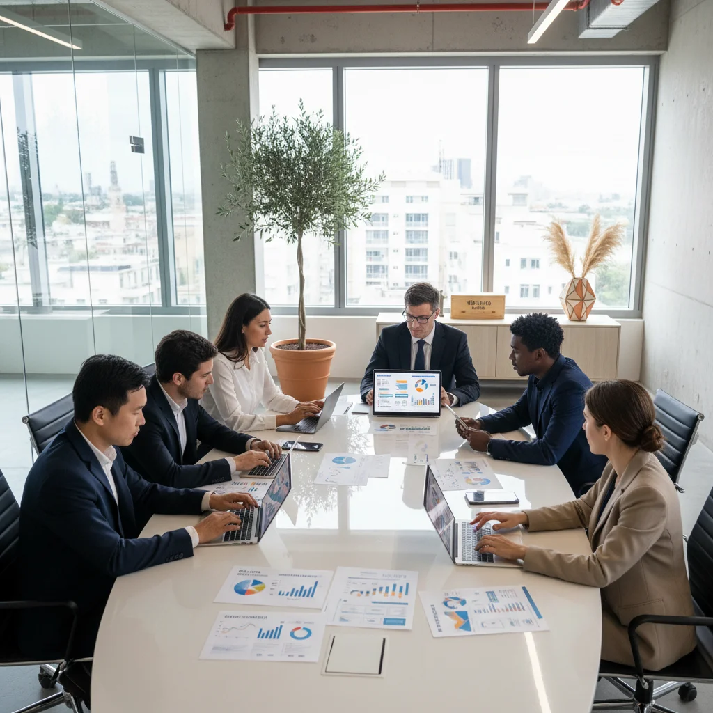 Profesionales de negocios analizando estrategias de expansión en mercados internacionales.