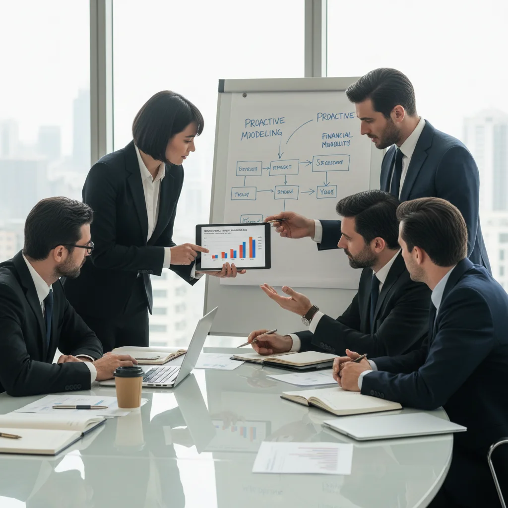 Equipo de profesionales de negocios discutiendo estrategias fiscales y analizando datos en una reunión.