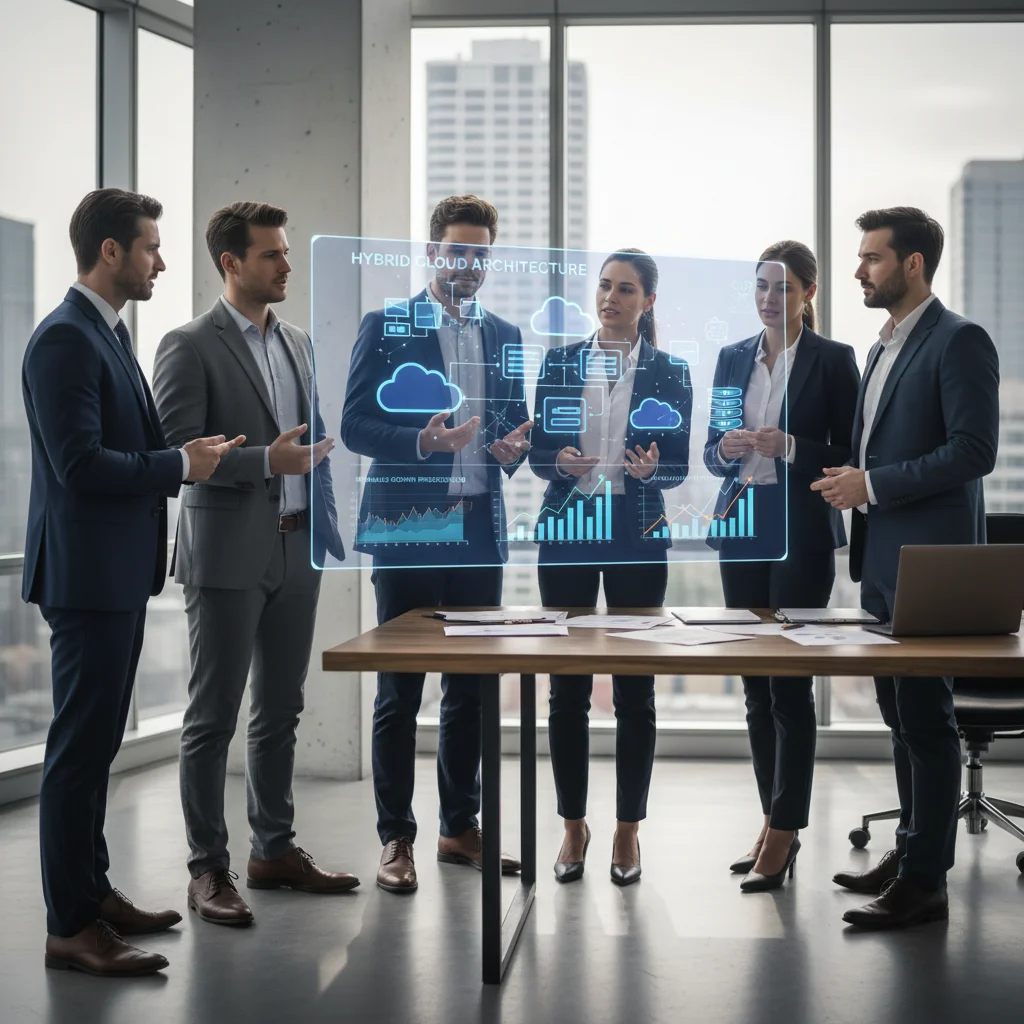 Equipo empresarial analizando estrategias de implementación de nube híbrida en un entorno colaborativo y moderno.