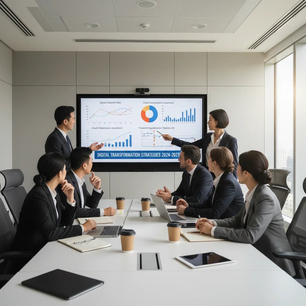 Profesionales de negocios discutiendo estrategias de transformación digital y análisis de datos en una sala de reuniones.