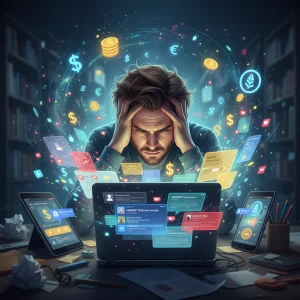Persona estresada por notificaciones digitales, simbolizando el costo oculto y la pérdida de paz.