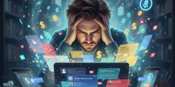 Persona estresada por notificaciones digitales, simbolizando el costo oculto y la pérdida de paz.