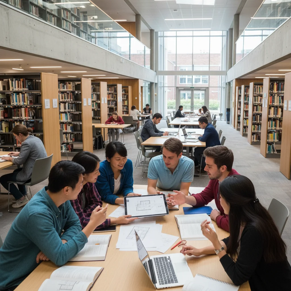 Grupo de estudiantes universitarios diversos colaborando en una biblioteca moderna, reflejando el apoyo académico y la importancia de las becas.
