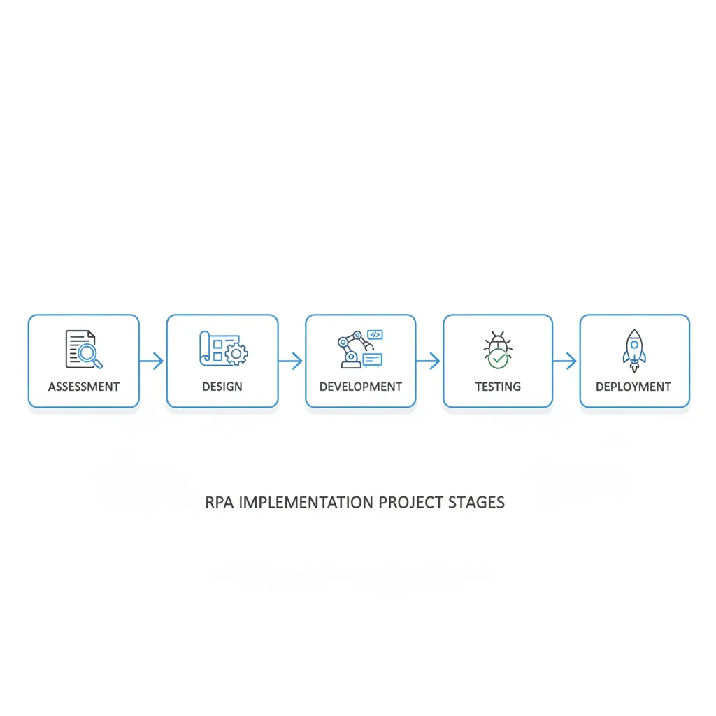 Diagrama de flujo detallando las etapas clave de implementación de un proyecto de RPA para optimizar procesos.