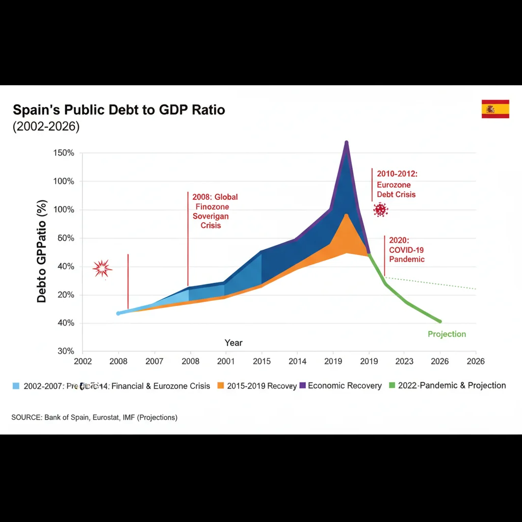 Infografía histórica de la evolución de la deuda pública española respecto al PIB, con proyecciones hasta 2026.