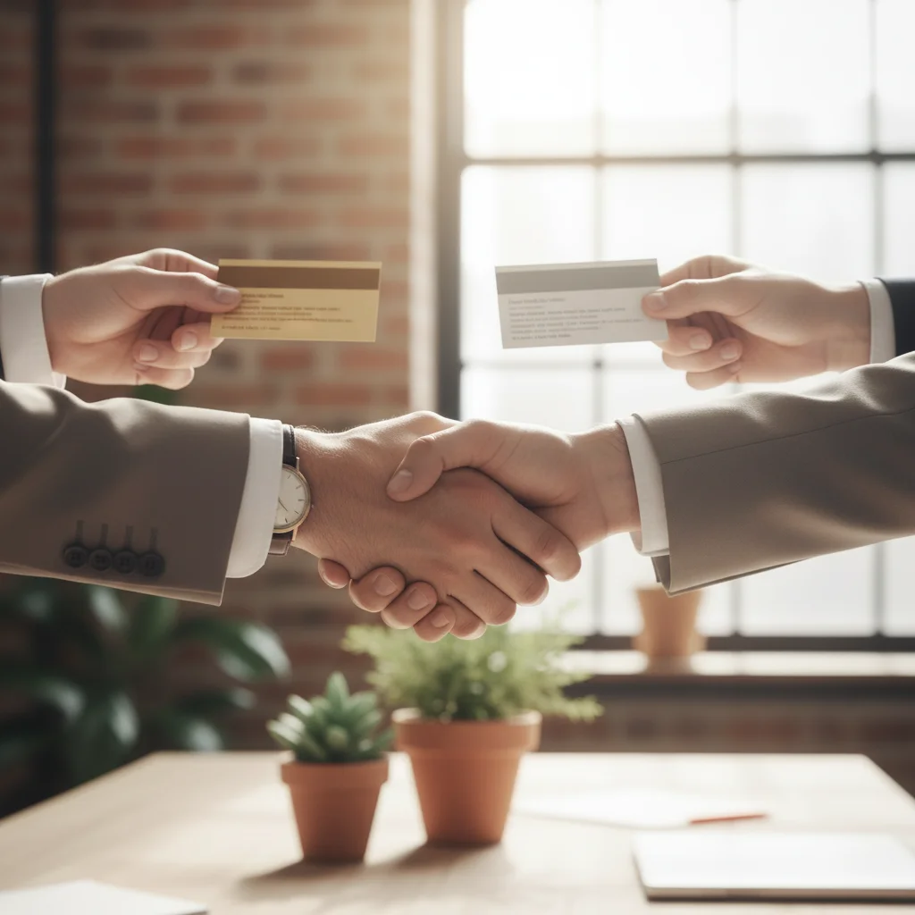 Two professionals exchanging business cards and shaking hands, building a connection