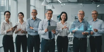 Experienced professionals confidently discussing career pivots in a modern office