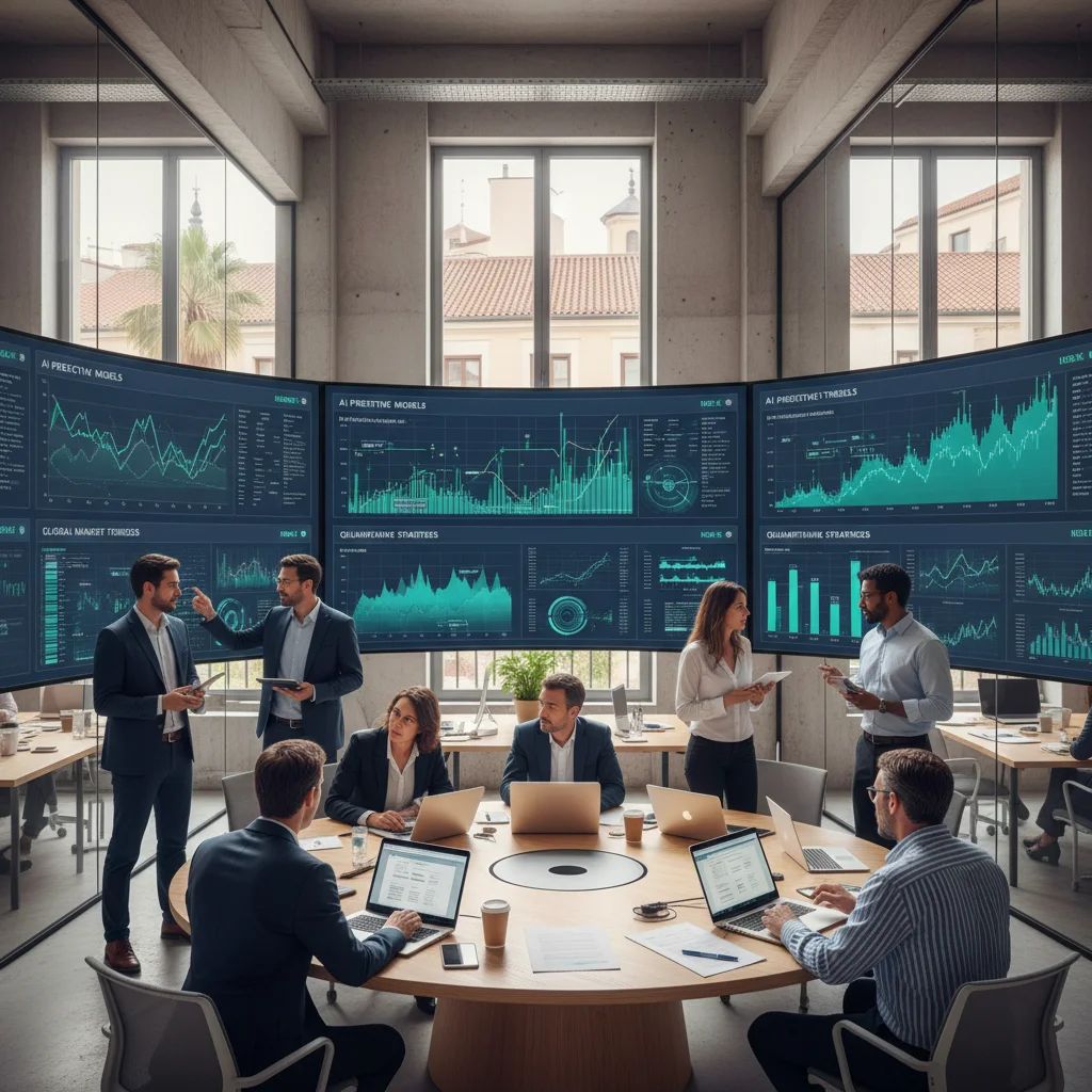 Expertos financieros utilizando herramientas de Inteligencia Artificial para análisis de mercado y gestión de carteras en España.