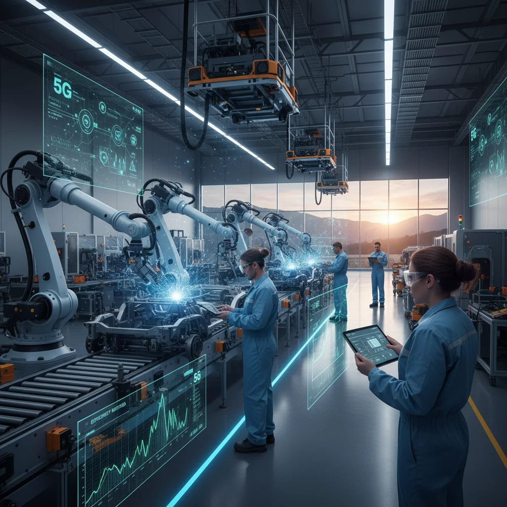 Fábrica inteligente española con robótica y AR, impulsada por la conectividad 5G para la automatización industrial.
