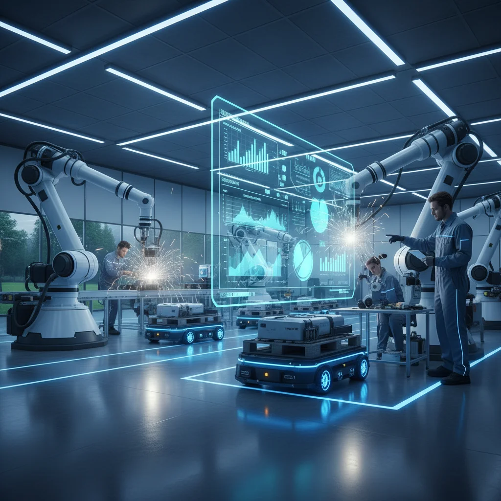 Fábrica inteligente con robots colaborativos, vehículos guiados automáticamente y pantallas de datos en tiempo real, mostrando la sinergia entre humanos y tecnología.
