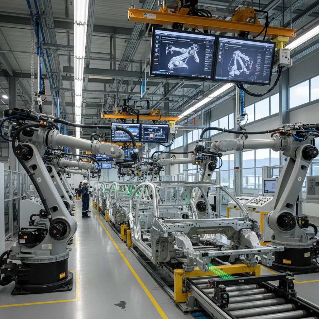 Línea de montaje de vehículos eléctricos en una fábrica española, con robots.