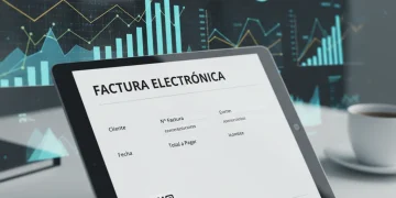 Tablet mostrando factura electrónica con gráficos financieros de fondo, representando la digitalización fiscal en España.