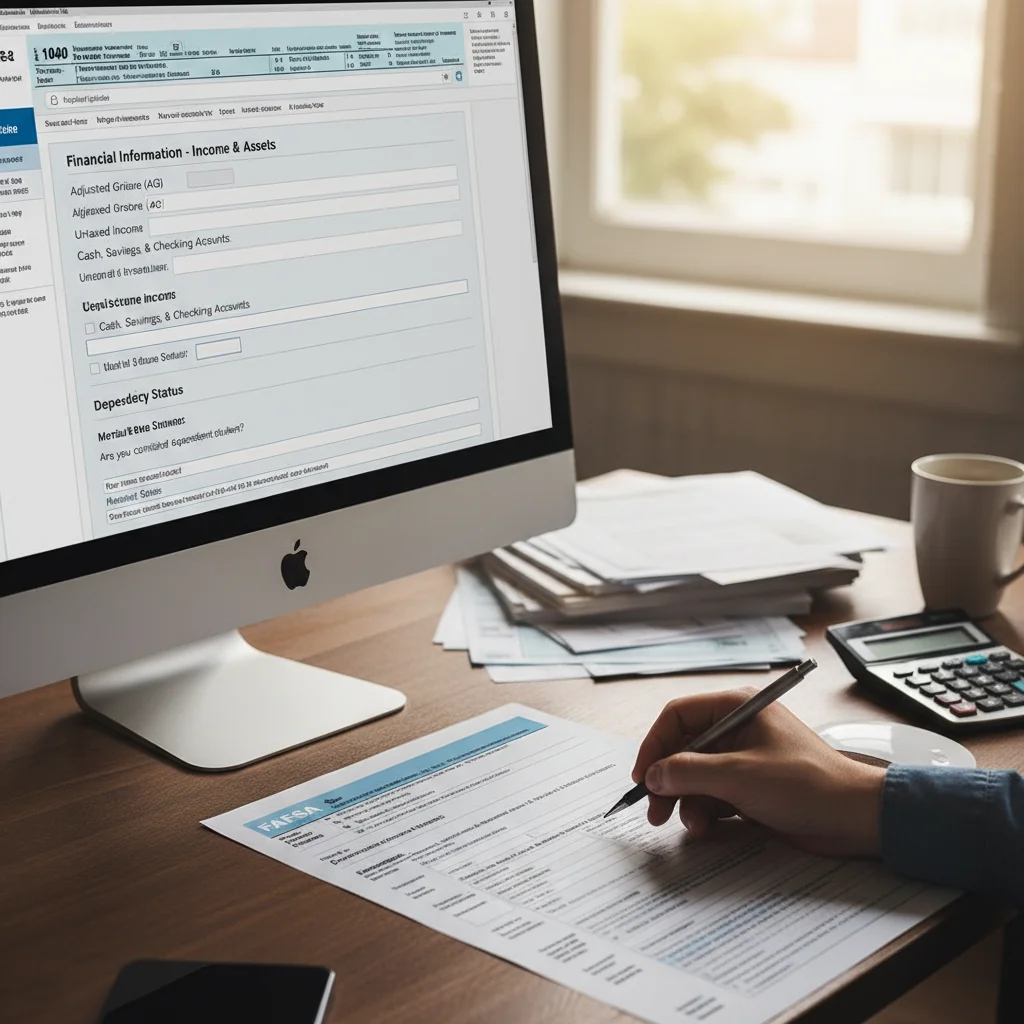 Close-up of a FAFSA form on a computer screen and paper, emphasizing the application process for financial aid.