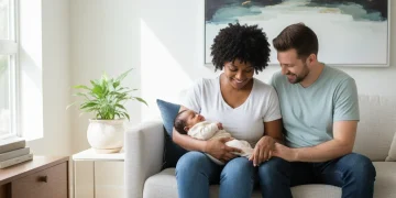 Familia feliz con bebé, simbolizando las ayudas de maternidad y paternidad en España 2026.