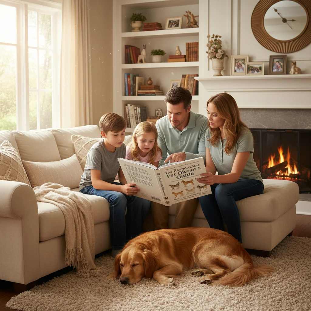 Familia leyendo sobre la nueva legislación de mascotas, destacando la importancia de la educación y el cuidado responsable.