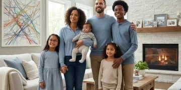 Familia diversa y feliz en su hogar, símbolo de inclusión social y apoyo económico.