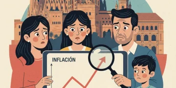 Familia española observando gráfico de inflación ascendente y moneda encogiéndose, simbolizando el impacto en el poder adquisitivo en 2026.