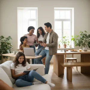 Familia diversa sonriente en un hogar moderno, reflejando bienestar y conciliación laboral