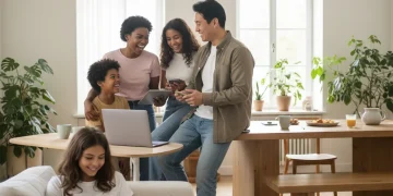 Familia diversa sonriente en un hogar moderno, reflejando bienestar y conciliación laboral
