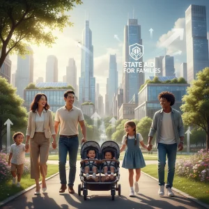 Familia numerosa sonriendo en un parque, simbolizando las ayudas estatales en España.