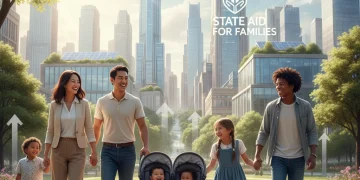 Familia numerosa sonriendo en un parque, simbolizando las ayudas estatales en España.