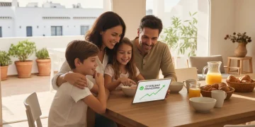 Familia española planificando su economía con el nuevo subsidio de desempleo de 600€ en 2026.
